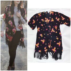 LulaRoe Womens Sz S Black Floral Print Fringed Kimono Jacket Monroe Tropical